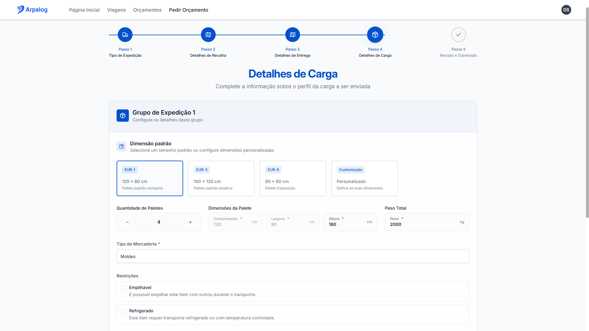 Interface Arpalog - Dashboard e lista de propostas