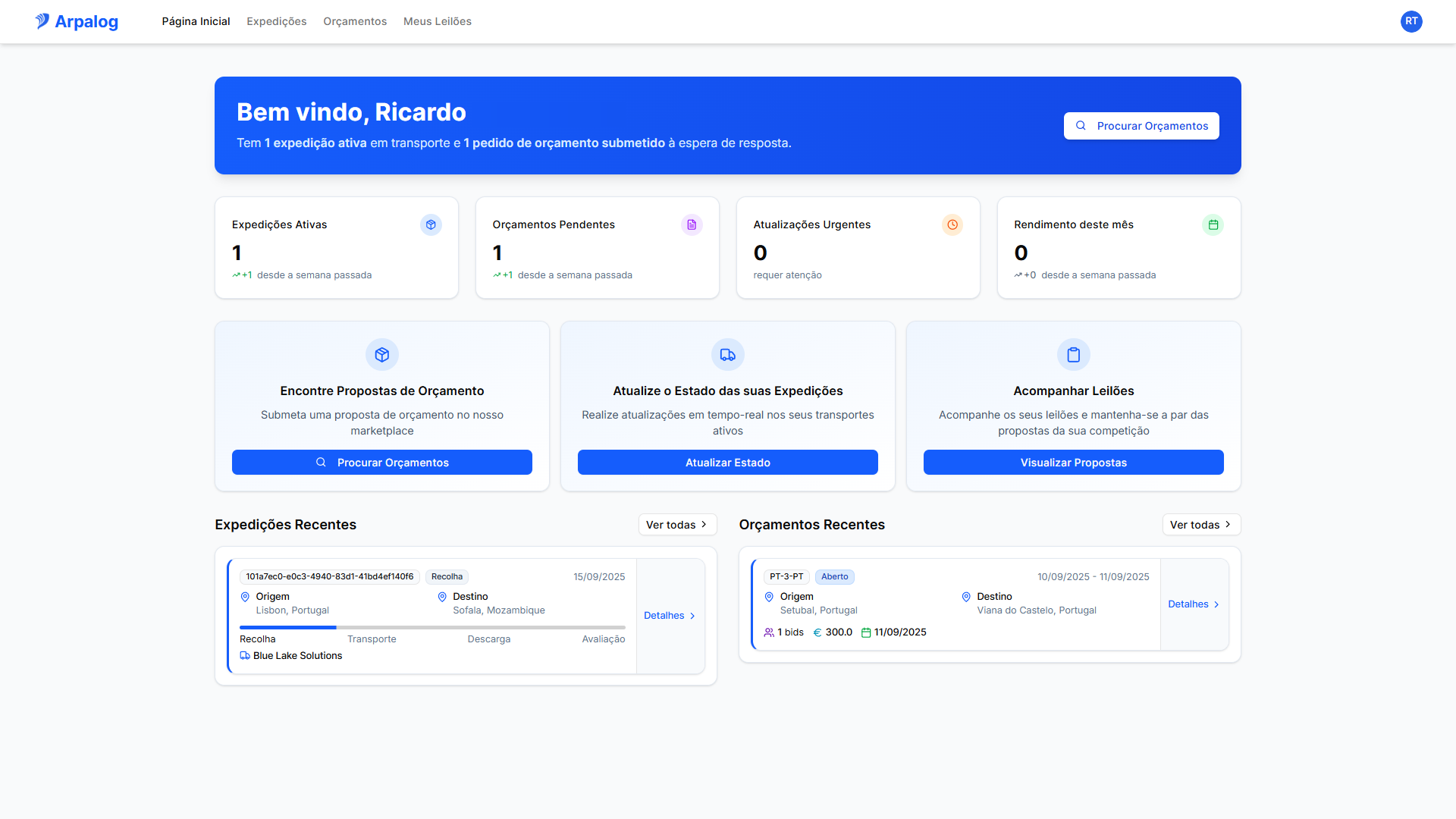 Painel de Controlo Arpalog - Sistema de gestão de transportes e cargas